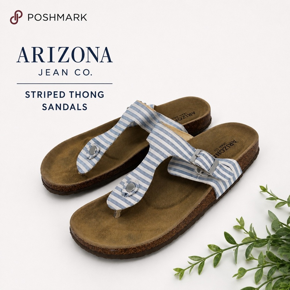 Arizona Jean Co Womens AZ Fable Striped Thong Sandals Blue White 9M 038-0284